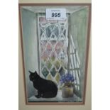 Rebecca Lardner, mixed media, study of a black cat on a window ledge, signed and dated 1999,