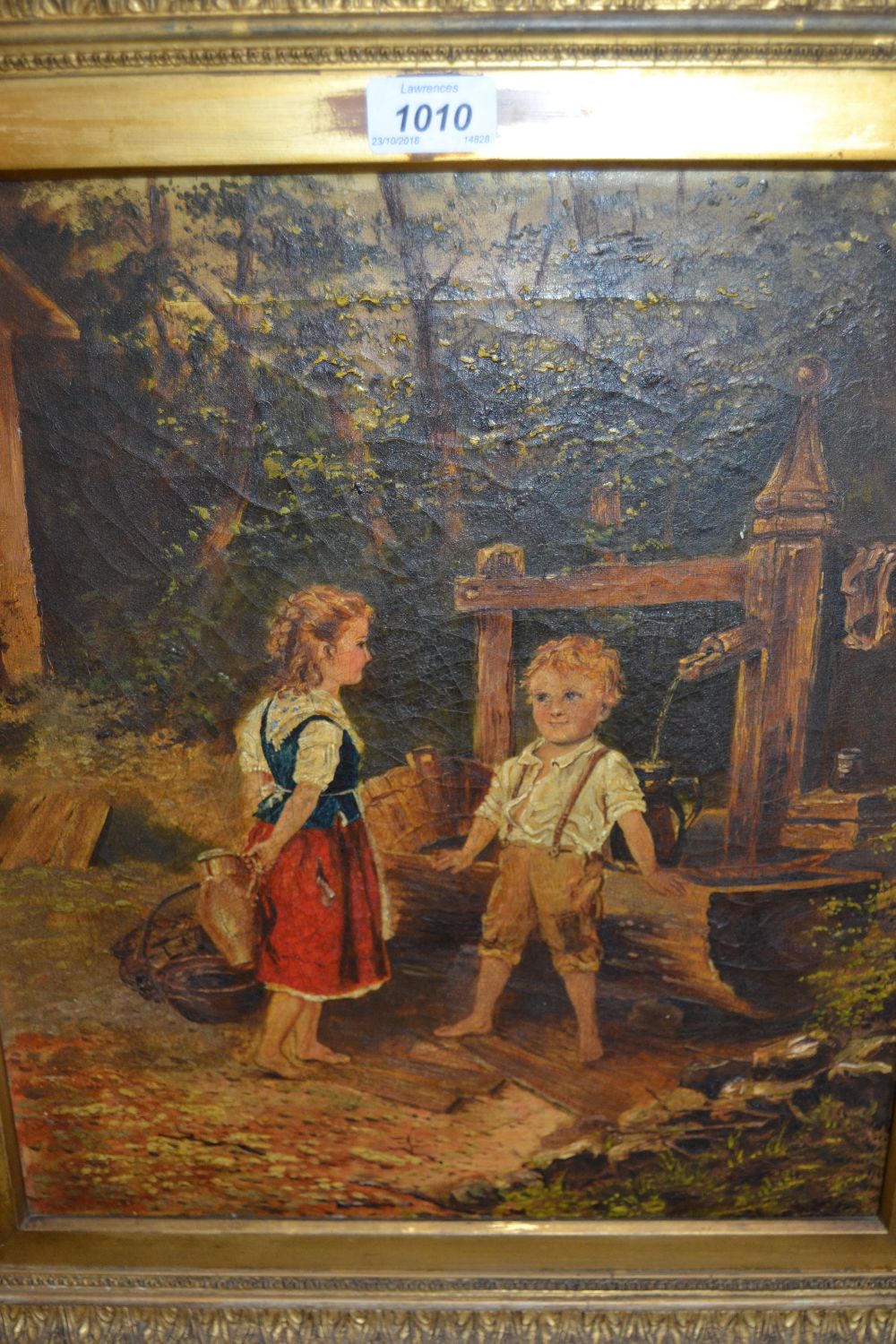 Late 19th / early 20th Century oil on canvas, children before a water pump, unsigned, gilt framed,