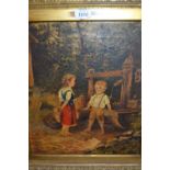 Late 19th / early 20th Century oil on canvas, children before a water pump, unsigned, gilt framed,