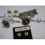 Pair of silver and agate set ear studs, three modern silver bar brooches,