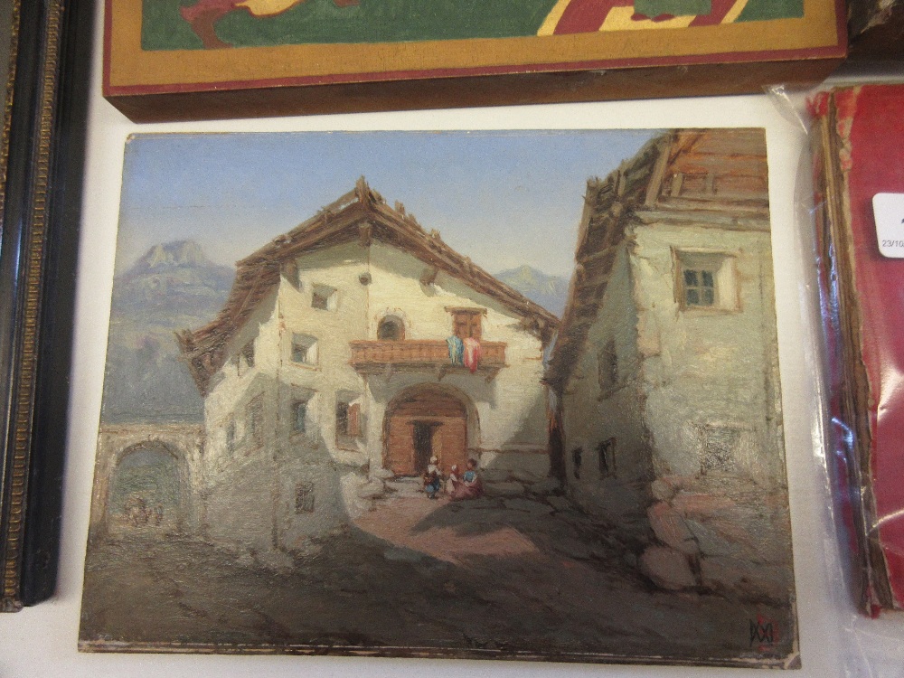 Small 19th Century oil on board, Tyrolean stone buildings on a hill top, signed with monogram,