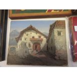 Small 19th Century oil on board, Tyrolean stone buildings on a hill top, signed with monogram,