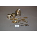 Small London silver teapoy together with a silver fish knife, teaspoons, sugar tongs,