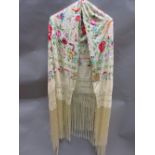 Double sided silk shawl having floral embroidered decoration with long fringes CONDITION