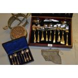 Modern canteen of steel cutlery, cased set of plated coffee spoons with tongs,