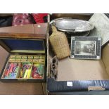 Victorian burr walnut games box, two plated dishes, an antique bone and mosaic inlaid frame,