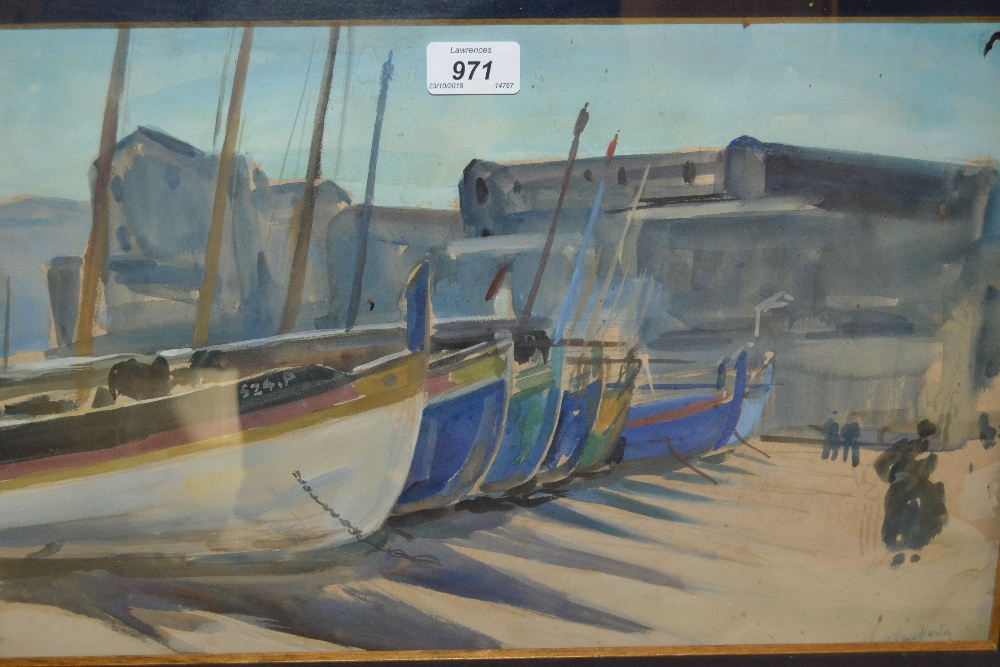 Watercolour, study of boats on a quayside, signed Rene Harty, 11ins x 18ins,