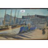 Watercolour, study of boats on a quayside, signed Rene Harty, 11ins x 18ins,