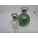 Modern silver mounted green iridescent glass perfume bottle and another