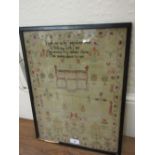 George III needlework pictorial and motto sampler depicting a house and garden,