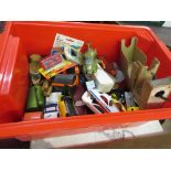 Red box containing a quantity of various die-cast models and vehicles