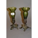 Pair of iridescent glass epergnes on bronze bases