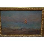 Small 20th Century oil on wooden panel, coastal scene with boats under sail, unsigned, 3ins x 5ins,