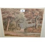 W. Hinchcliffe, watercolour, woodland, scene with a wooden bridge to the foreground, 11.5ins x 14.