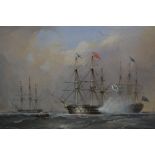 Nicholas Condy, oil on board, H.M.S. Ingermanland firing a salute with H.M.S.