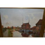 20th Century oil on board, canal scene with moored boats and various buildings, unsigned,