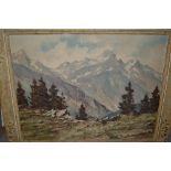 Maximillian Strasky, 20th Century oil on canvas, view of the Alps with mountain chalet,