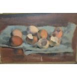 Desmond Harmsworth, oil on canvas, still life study, eggs on a table, signed, 10ins x 16ins, framed,