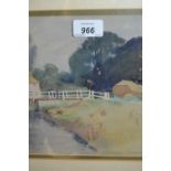 Charles Buchel, watercolour, rural scene with figure on a wooden bridge, signed, 8ins x 7.