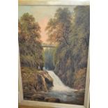 Large 19th Century oil on canvas, figure standing before a waterfall in a heavy gilt frame,