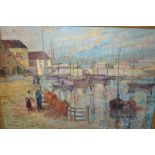 20th Century oil on board, figures and moored boats in a harbour scene, indistinctly signed,