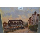 Sidney Foley, oil on board, street scene with figures at sunset, signed,