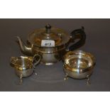 Birmingham silver three piece bachelor's teaset with ebony handle and finial (matched)