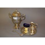Silver plated two handled pedestal bowl and cover, together with a plated salver, cream jug,