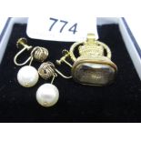 Pair of 9ct gold and cultured pearl earrings,