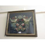 Framed woolwork picture entitled ' The Strawberry Thief ' with birds in foliage, 15ins x 17.