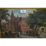 Terrick Williams, oil on canvas, figures at a Breton market, in a town square, signed,