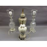 Pair of cut glass table lamps together with two pottery table lamps