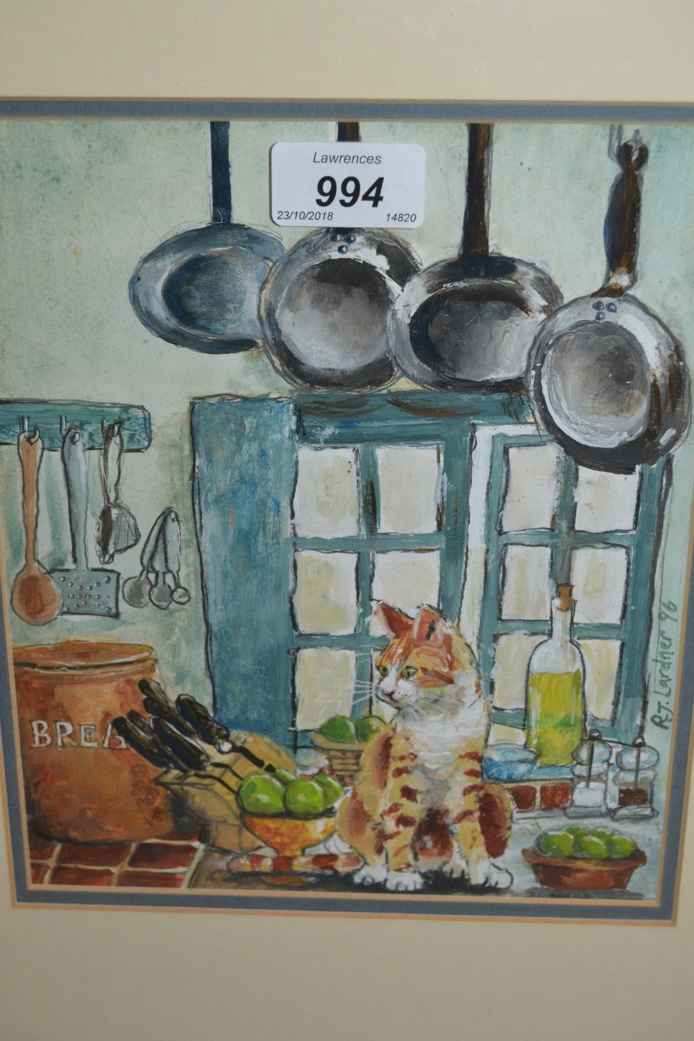 Rebecca Lardner, mixed media, study of a ginger cat on a kitchen work top before a window,