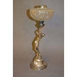 Silver plated oil lamp base in the form of a classical maiden with clear cut glass well (lacking