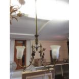 Gilt brass and copper twin branch hanging light with frosted glass shades