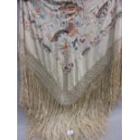 Early 20th Century oriental silk embroidered shawl with tasselled border decorated with chinoiserie