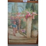 Early 20th Century Italian school, watercolour, peasant girl carrying a terracotta pot on a terrace,