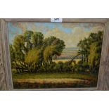 Oil on board, landscape with trees in a plaster faux wood frame, indistinctly signed,