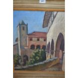 Sam Carter, oil on canvas board, Continental buildings with blue sky,