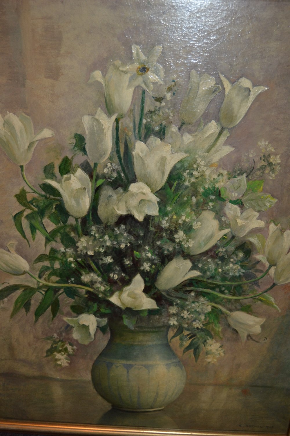 Charles Buchel, mid 20th Century oil on board, still life, vase of flowers, signed and dated 1943,