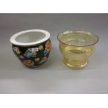 Chinese floral decorated porcelain jardiniere on black ground together with a lustre glass bowl