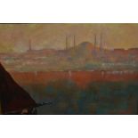 Mixed media painting on panel, view of Istanbul, gilt swept frame, 8.5ins x 10.