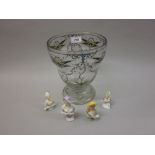Continental Art Deco enamel decorated glass vase together with four porcelain half dolls