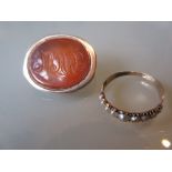 Antique 9ct gold pearl set ring with a cornelian set gold brooch CONDITION REPORT