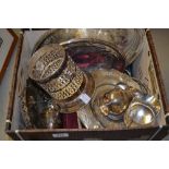 Box containing a quantity of various silver plated flatware and other trays,