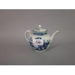 First Period Worcester bachelor's teapot decorated with oriental designs in blue and white (chips