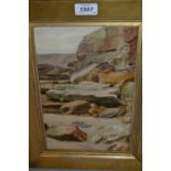 F. Morgan, signed oil on canvas, rocky coastal landscape with caught fish on a beach, 11.