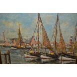 Oil on board, view of fishing boats moored in a harbour, signed Gockede, dated '58,