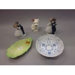 Pair of Bing and Grondahl figures of boy and girl dancers, a Continental blue and white dish,