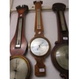 Reproduction mahogany and line inlaid aneroid thermoter barometer